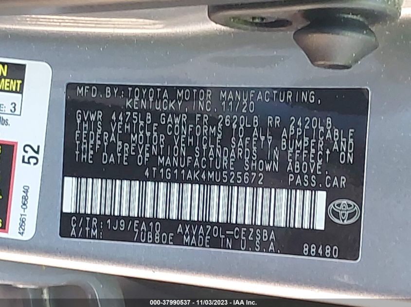 2021 TOYOTA CAMRY SE/SE NIGHT SHADE - 4T1G11AK4MU525672