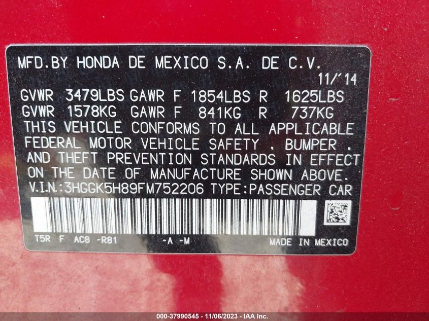 2015 HONDA FIT EX/EXL - 3HGGK5H89FM752206
