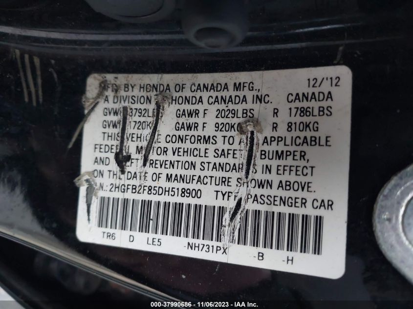 2013 HONDA CIVIC EX - 2HGFB2F85DH518900