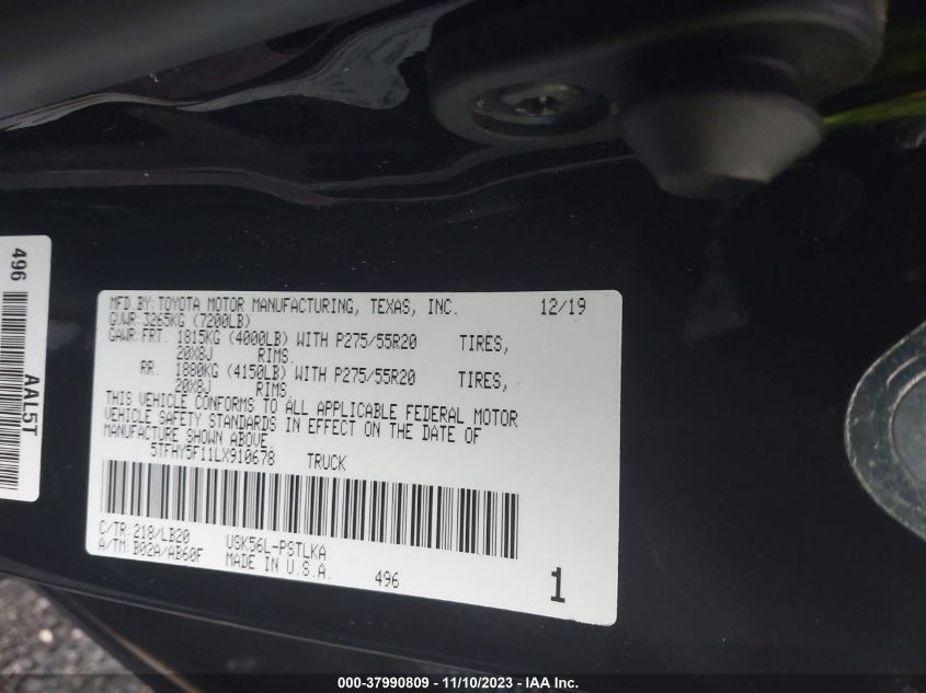 2020 TOYOTA TUNDRA 4WD LIMITED 5TFHY5F11LX910678