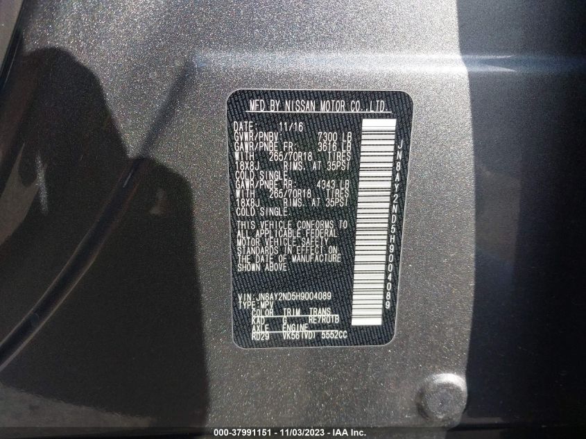2017 NISSAN ARMADA SV/SL/PLATINUM - JN8AY2ND5H9004089