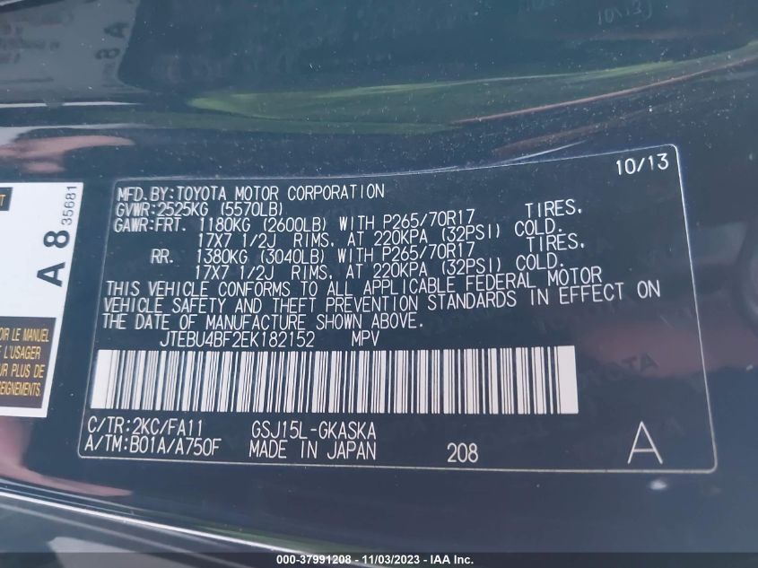 2014 TOYOTA FJ CRUISER JTEBU4BF2EK182152