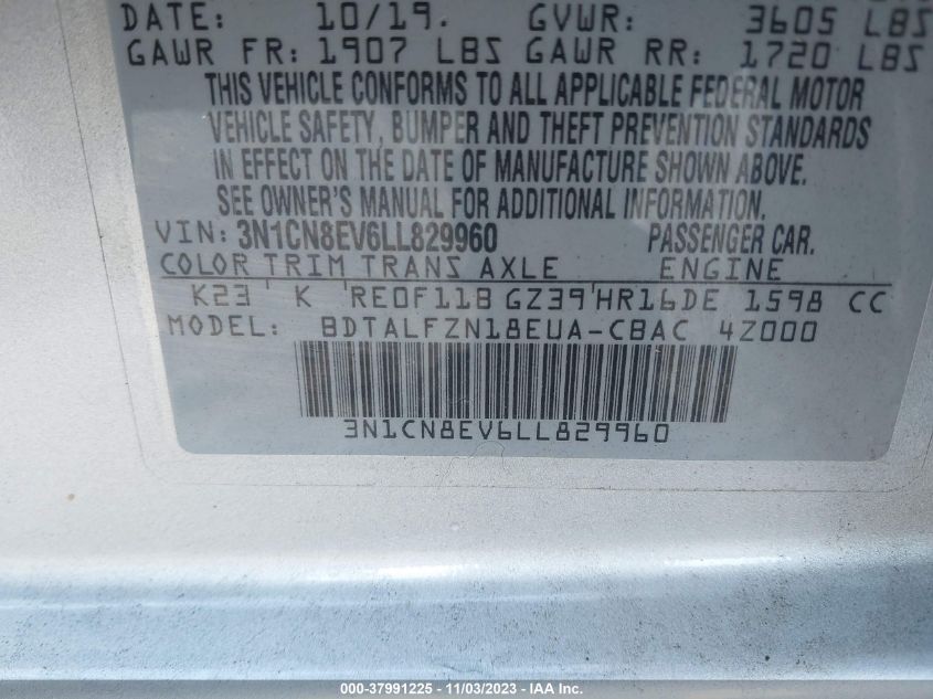 2020 NISSAN VERSA SV - 3N1CN8EV6LL829960