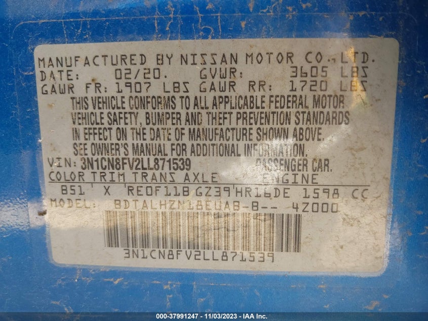 VIN 3N1CN8FV2LL871539 2020 NISSAN VERSA SR