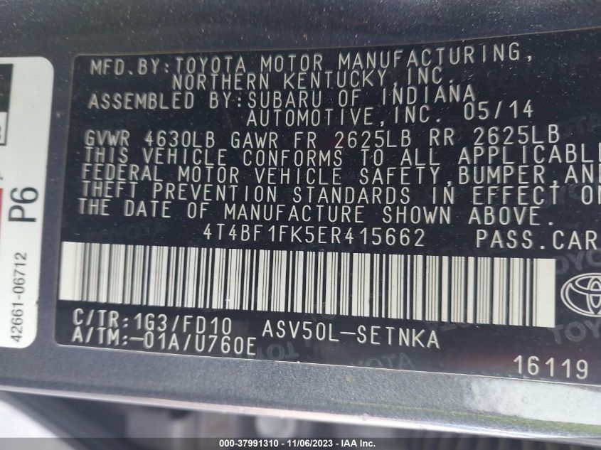 2014 TOYOTA CAMRY L/LE/XLE/SE/SE SPORT - 4T4BF1FK5ER415662