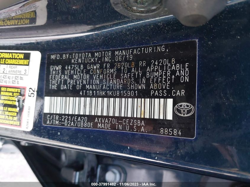 2019 TOYOTA CAMRY LE/SE/XLE/L - 4T1B11HK1KU815901