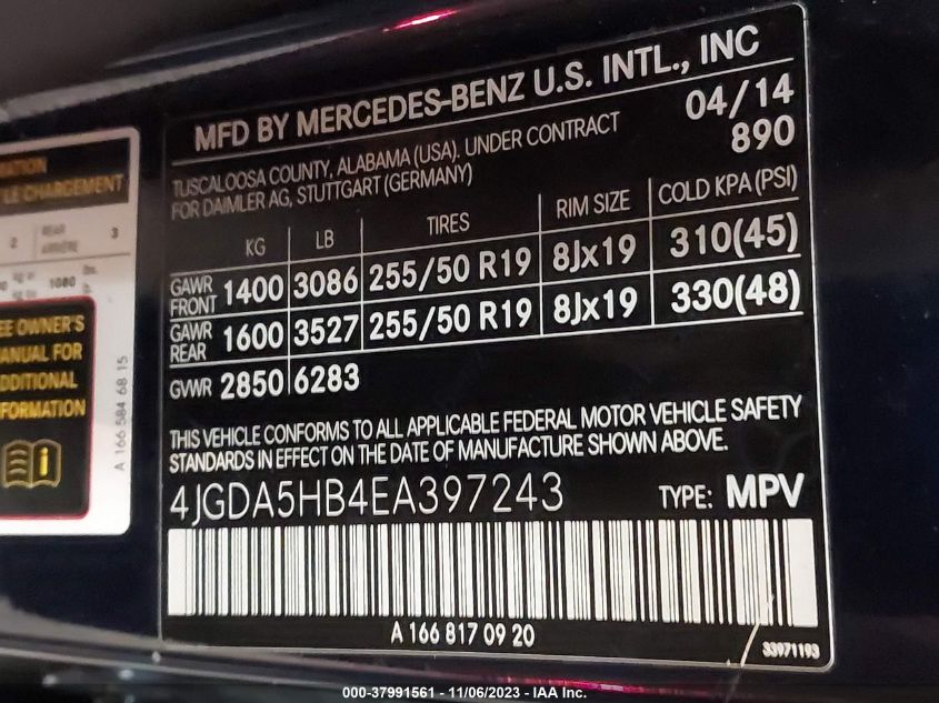 2014 MERCEDES-BENZ M-CLASS ML 350 4JGDA5HB4EA397243