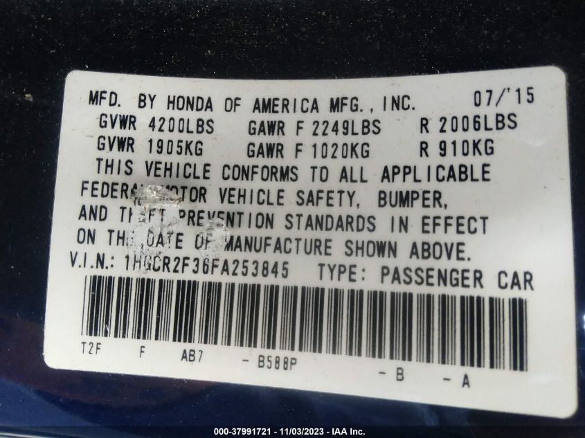 2015 HONDA ACCORD LX - 1HGCR2F36FA253845