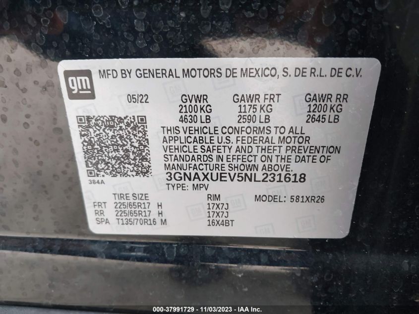 2022 CHEVROLET EQUINOX AWD LT - 3GNAXUEV5NL231618