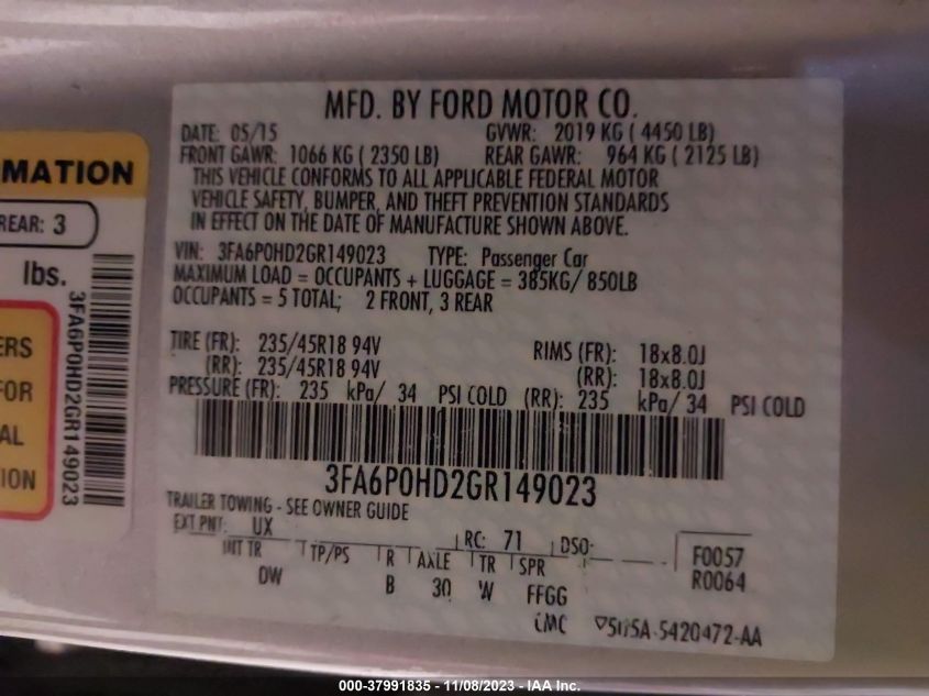 2016 FORD FUSION SE - 3FA6P0HD2GR149023