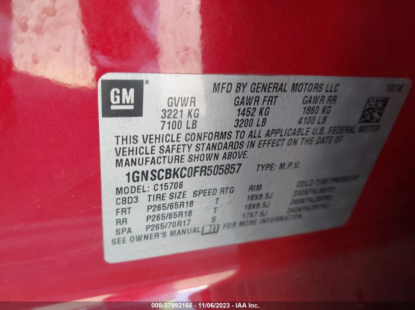 2015 CHEVROLET TAHOE C1500 LT - 1GNSCBKC0FR505857