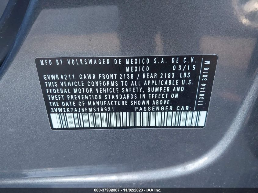 2015 VOLKSWAGEN JETTA SEDAN 2.0L S 3VW2K7AJ6FM316931
