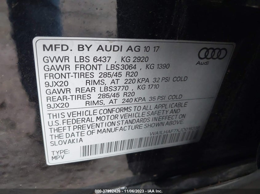 VIN WA1LHAF7XJD016338 2018 AUDI Q7 PREMIUM PLUS