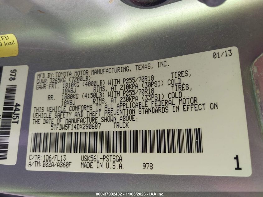 2013 TOYOTA TUNDRA 4WD TRUCK - 5TFDW5F14DX290687