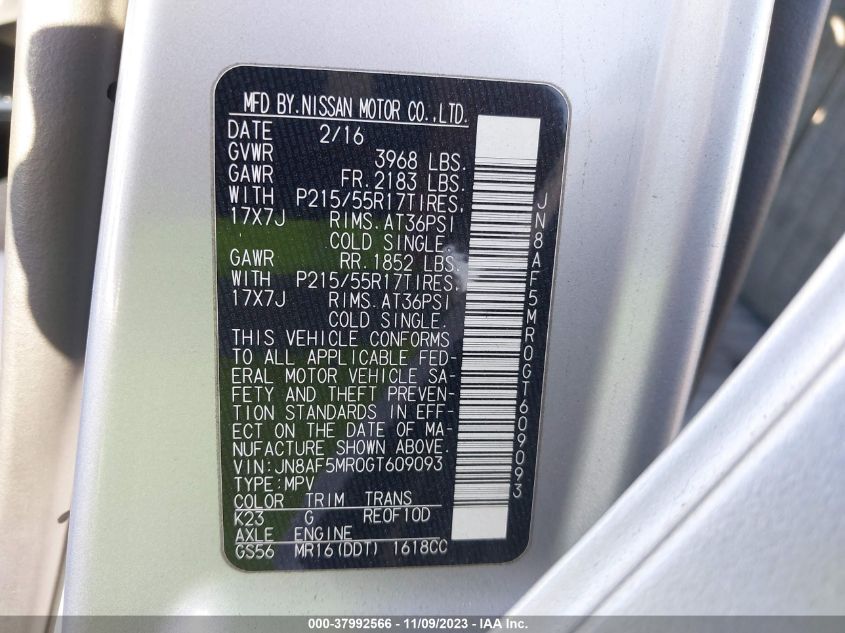 2016 NISSAN JUKE S - JN8AF5MR0GT609093