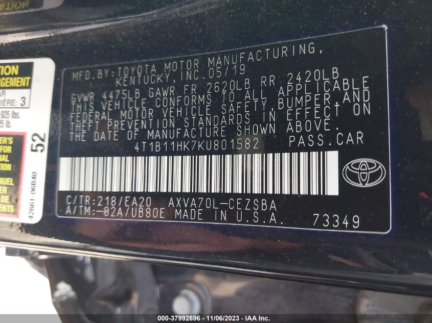 2019 TOYOTA CAMRY SE - 4T1B11HK7KU801582