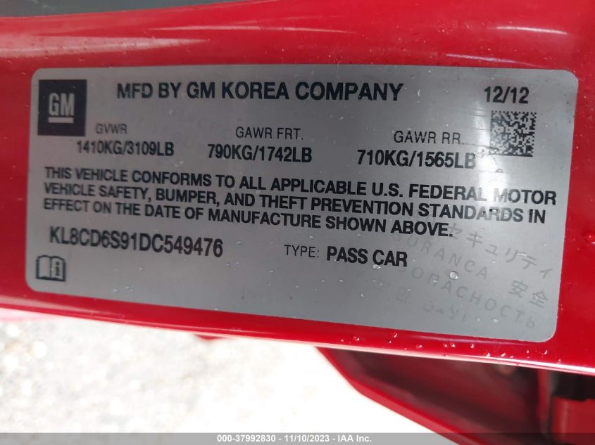 2013 CHEVROLET SPARK 1LT AUTO - KL8CD6S91DC549476