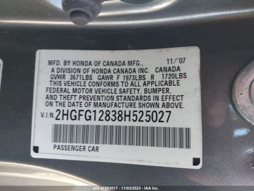 2HGFG12838H525027 | 2008 HONDA CIVIC