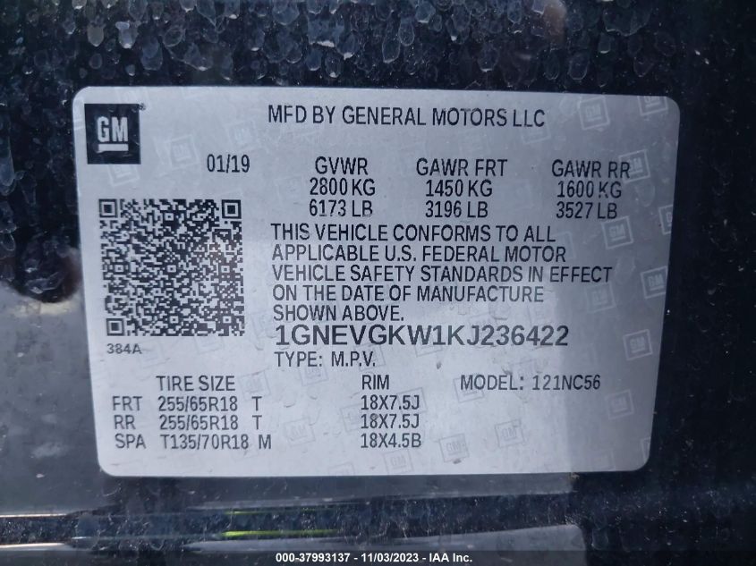 1GNEVGKW1KJ236422 Chevrolet Traverse LT CLOTH 9