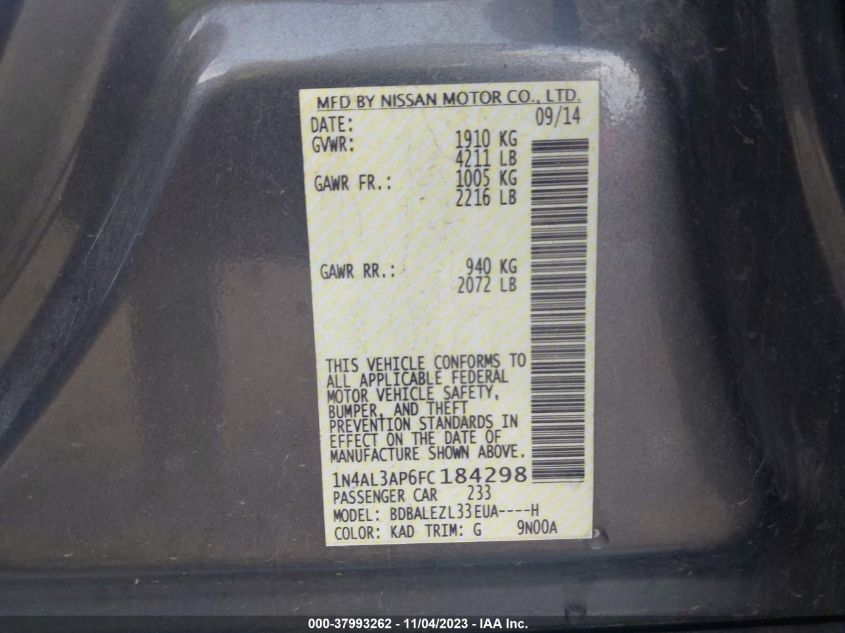 2015 NISSAN ALTIMA 2.5/S/SV/SL - 1N4AL3AP6FC184298