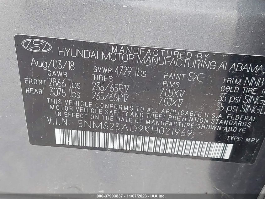 2019 HYUNDAI SANTA FE SE - 5NMS23AD9KH021969