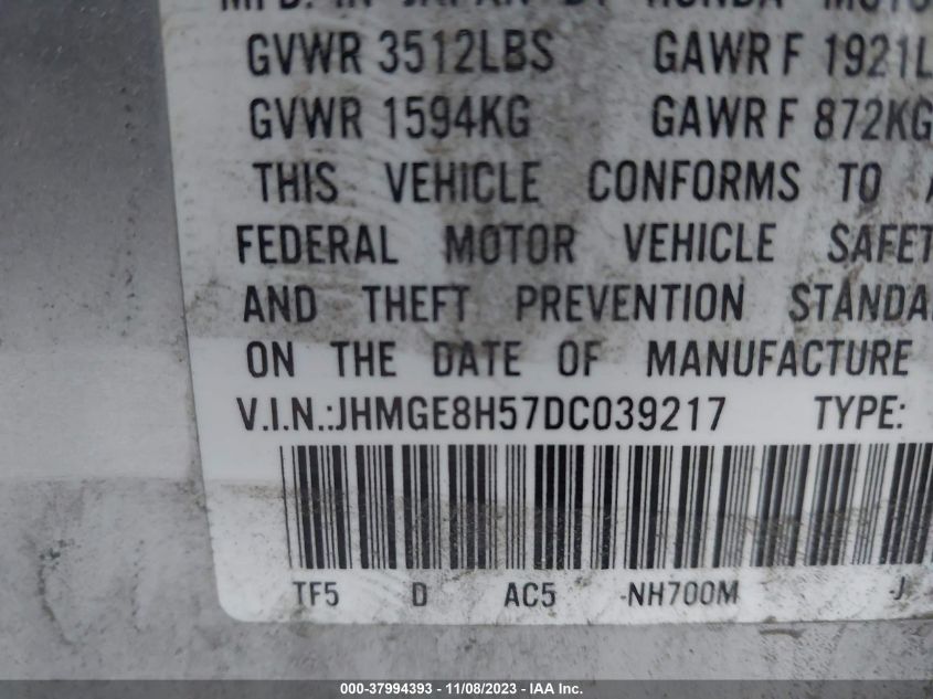 2013 HONDA FIT SPORT - JHMGE8H57DC039217