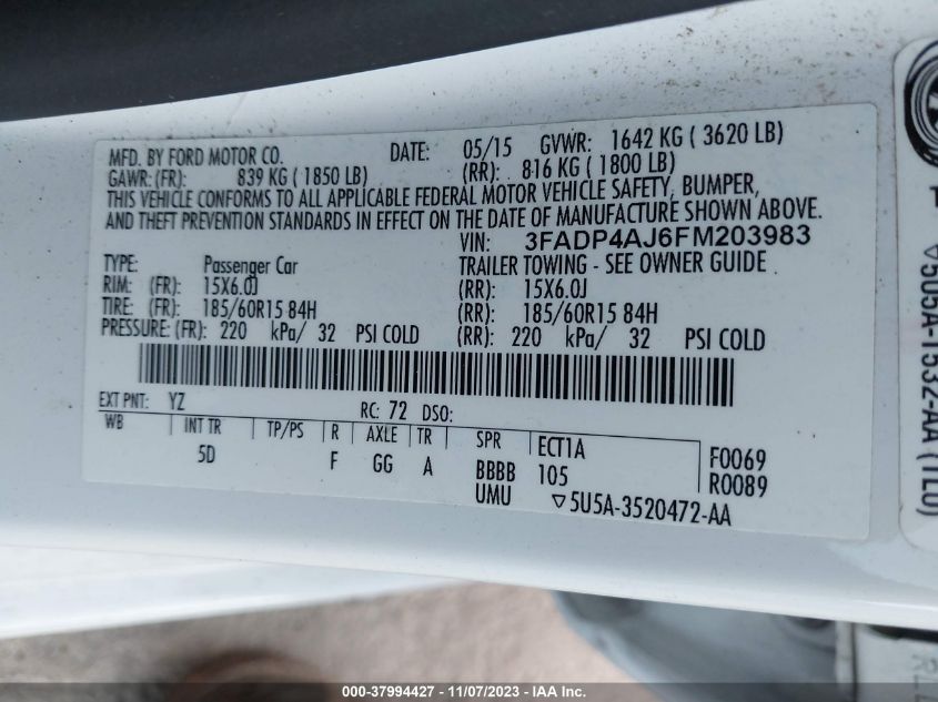 2015 FORD FIESTA S - 3FADP4AJ6FM203983