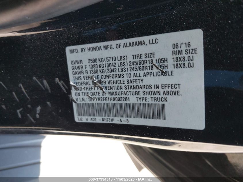 2017 HONDA RIDGELINE RTL-T - 5FPYK2F61HB002204
