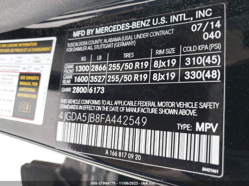 2015 MERCEDES-BENZ M-CLASS ML 350 4JGDA5JB8FA442549