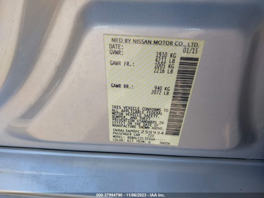 2015 NISSAN ALTIMA 2.5/2.5 S/2.5 SL/2.5 SV - 1N4AL3AP0FC259934