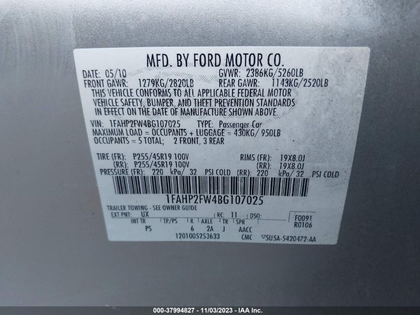 1FAHP2FW4BG107025 | 2011 FORD TAURUS