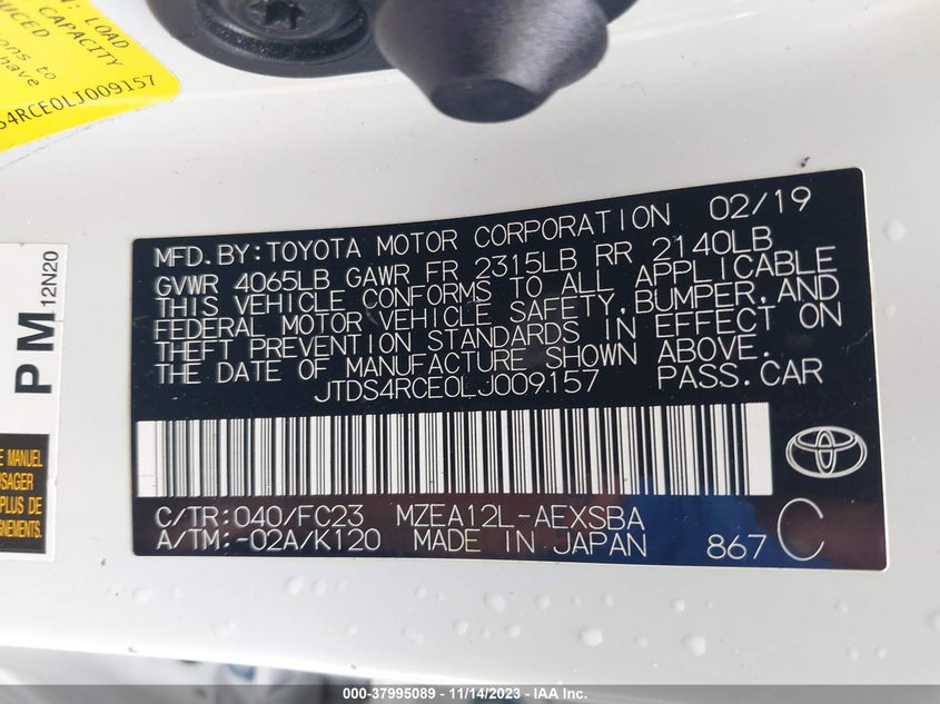 VIN JTDS4RCE0LJ009157 2020 TOYOTA COROLLA SE