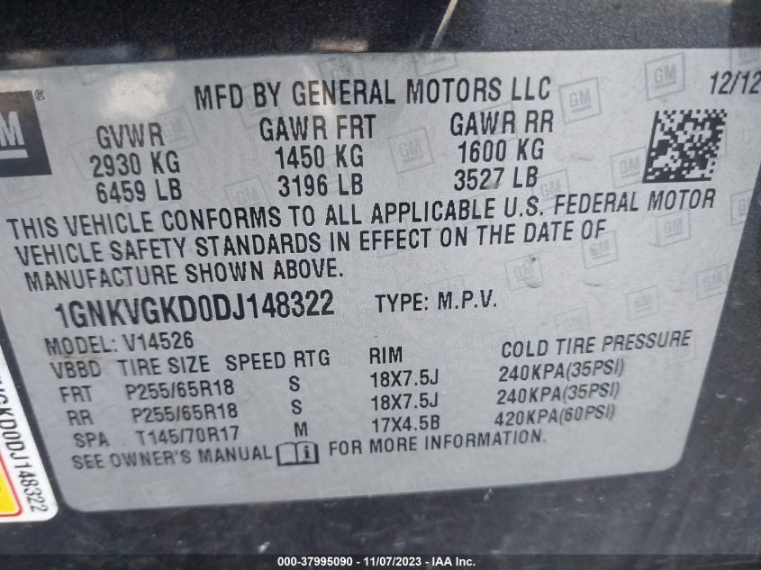 2013 CHEVROLET TRAVERSE 1LT - 1GNKVGKD0DJ148322