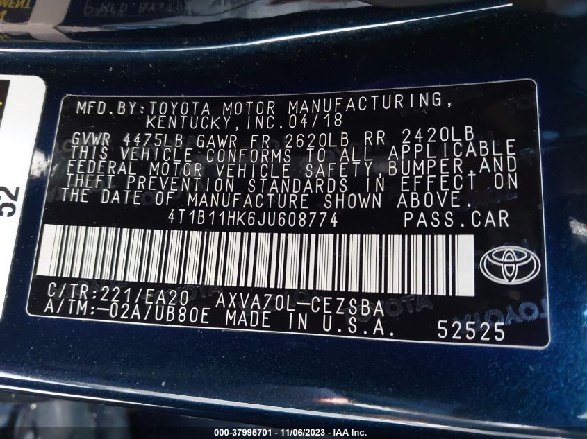 2018 TOYOTA CAMRY LE/SE/XLE/L - 4T1B11HK6JU608774