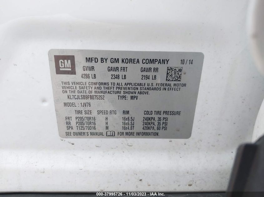 2015 CHEVROLET TRAX LT - KL7CJLSB9FB075252