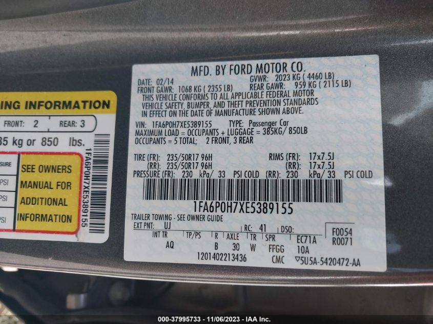 2014 FORD FUSION SE - 1FA6P0H7XE5389155