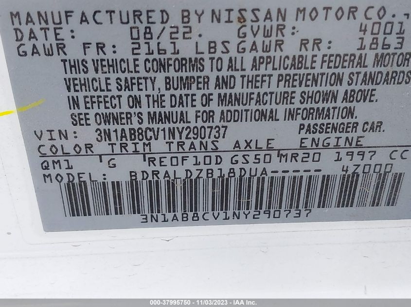 2022 NISSAN SENTRA SV XTRONIC CVT - 3N1AB8CV1NY290737