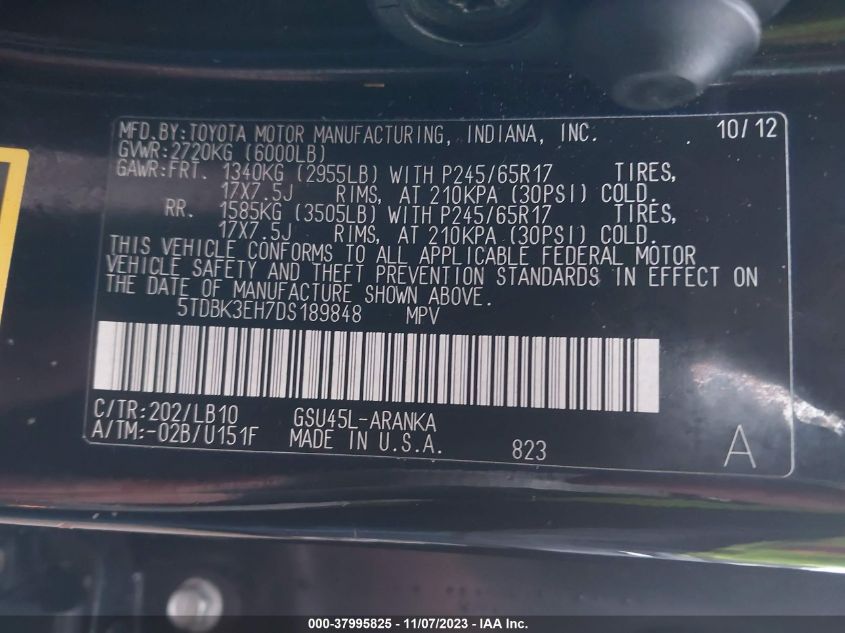 2013 TOYOTA HIGHLANDER SE V6 - 5TDBK3EH7DS189848