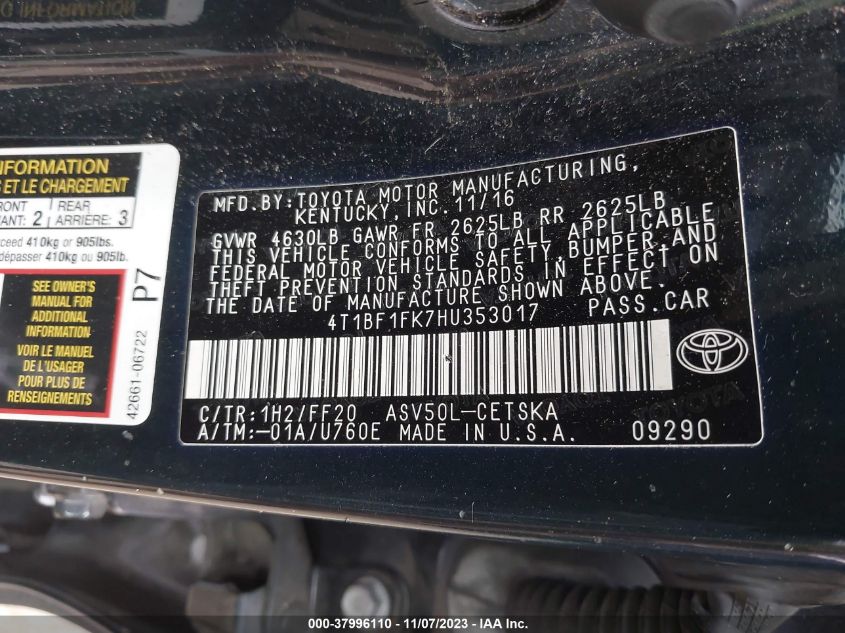 2017 TOYOTA CAMRY SE - 4T1BF1FK7HU353017