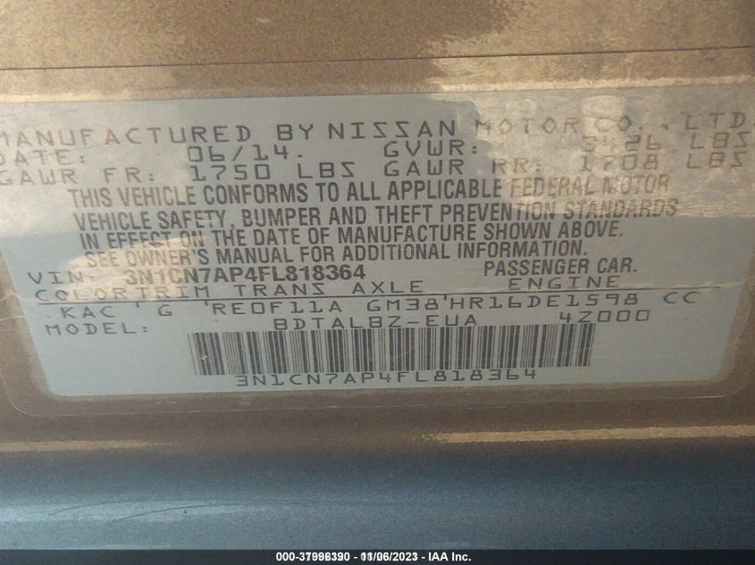 2015 NISSAN VERSA S/S PLUS/SL/SV - 3N1CN7AP4FL818364