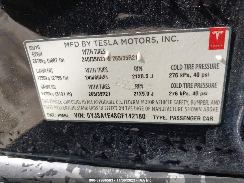2016 TESLA MODEL S 90D/P100D/P85D/P90D - 5YJSA1E48GF142180