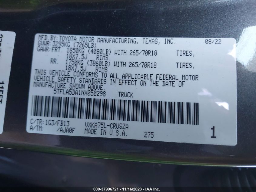 2022 TOYOTA TUNDRA SR5 - 5TFLA5DA1NX050298