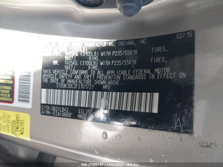 5TDDK3DC3FS101721 2015 TOYOTA SIENNA, photo no. 9