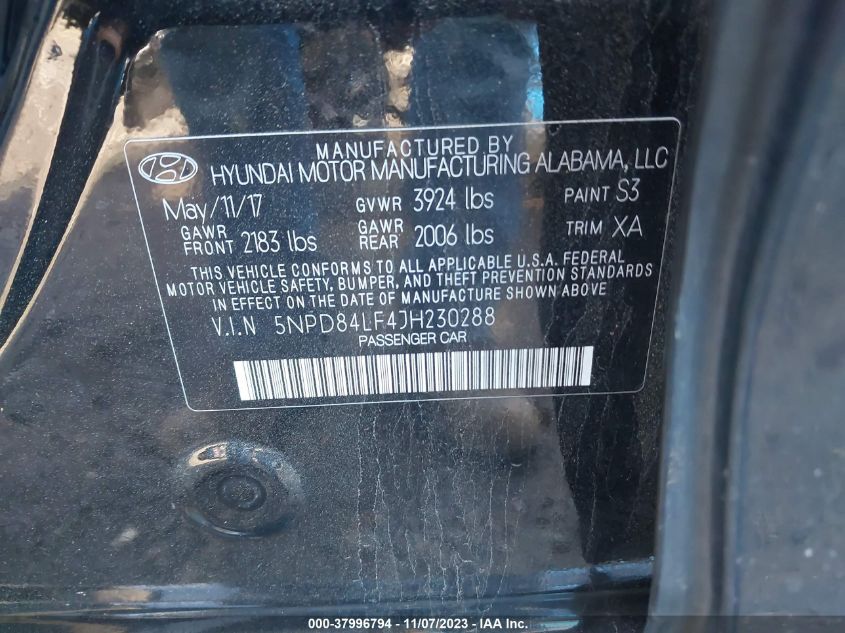 2018 HYUNDAI ELANTRA SEL/VALUE/LIMITED - 5NPD84LF4JH230288