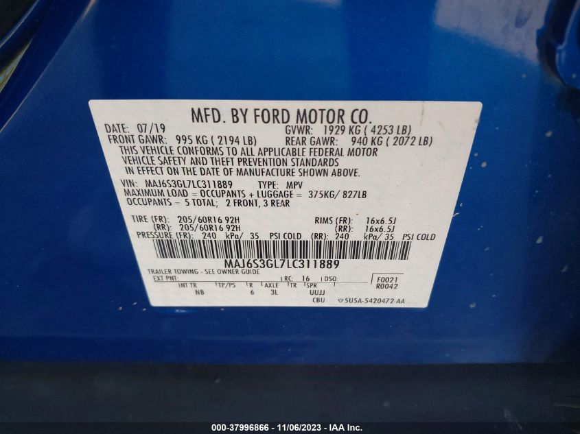2020 FORD ECOSPORT SE - MAJ6S3GL7LC311889