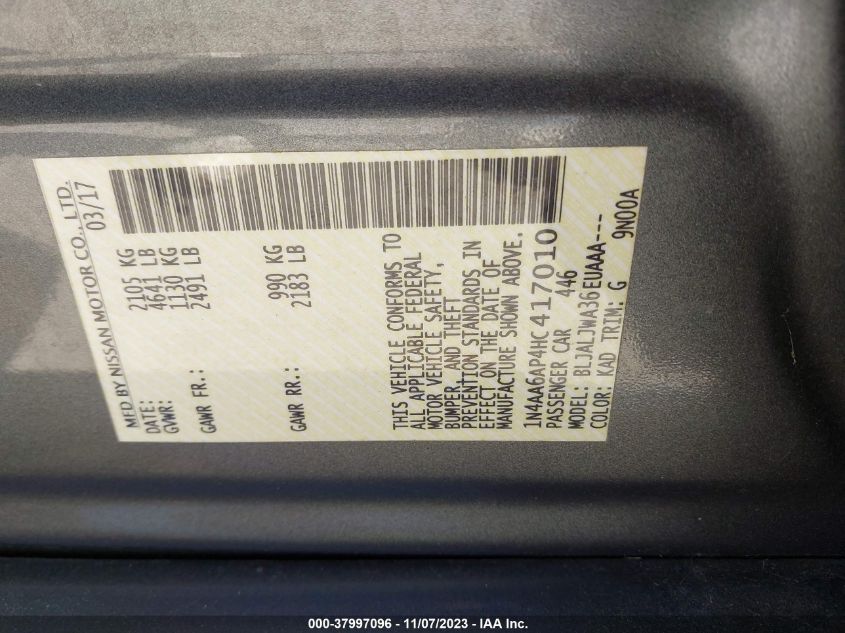 2017 NISSAN MAXIMA 3.5S/SV/SL/SR/PLAT - 1N4AA6AP4HC417010