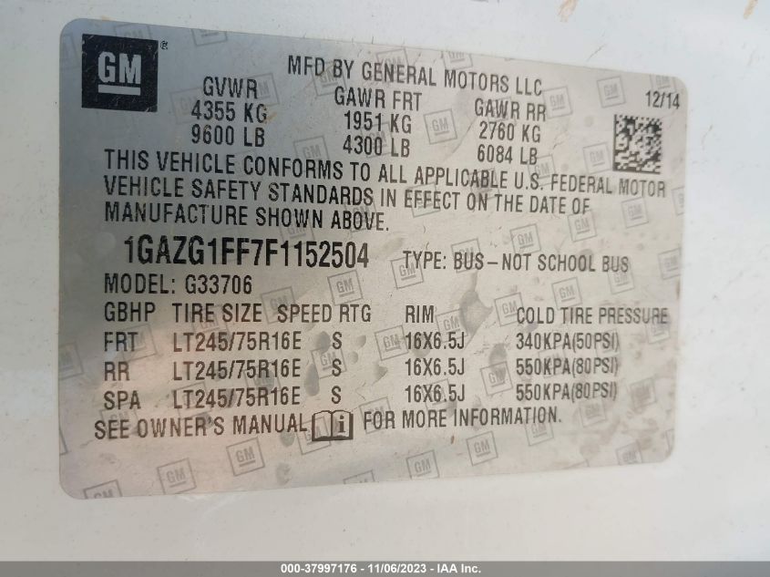 2015 CHEVROLET EXPRESS 3500 LT 1GAZG1FF7F1152504