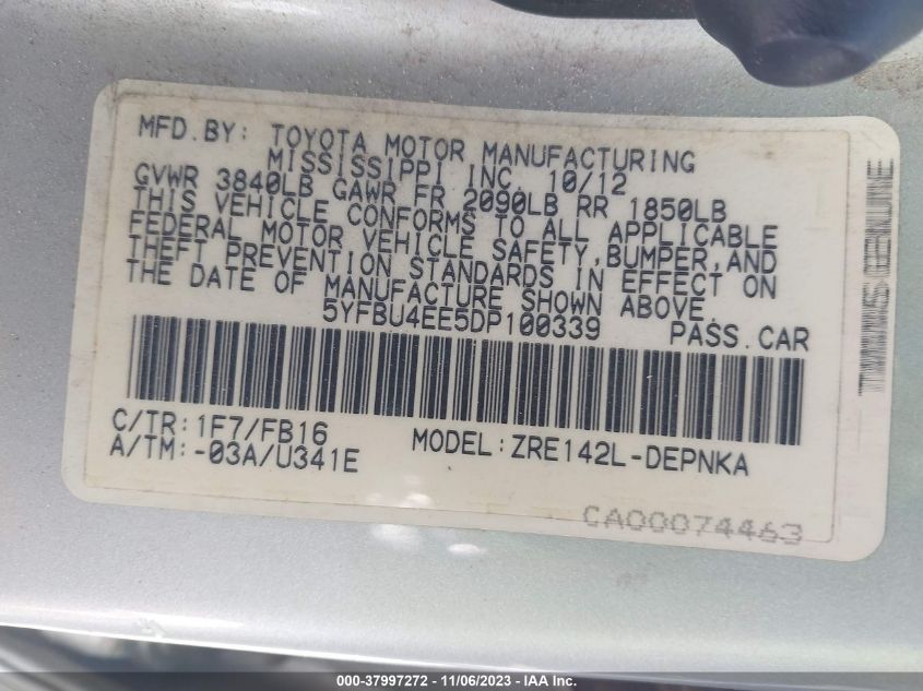 2013 TOYOTA COROLLA L/LE/S - 5YFBU4EE5DP100339
