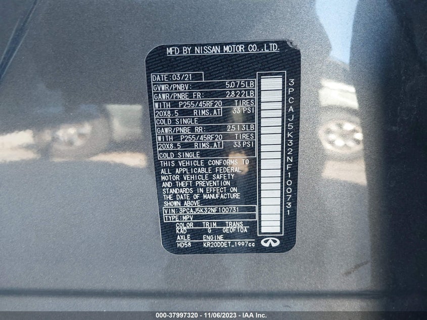 VIN 3PCAJ5K32NF100731 2022 INFINITI QX55 ESSENTIAL AWD