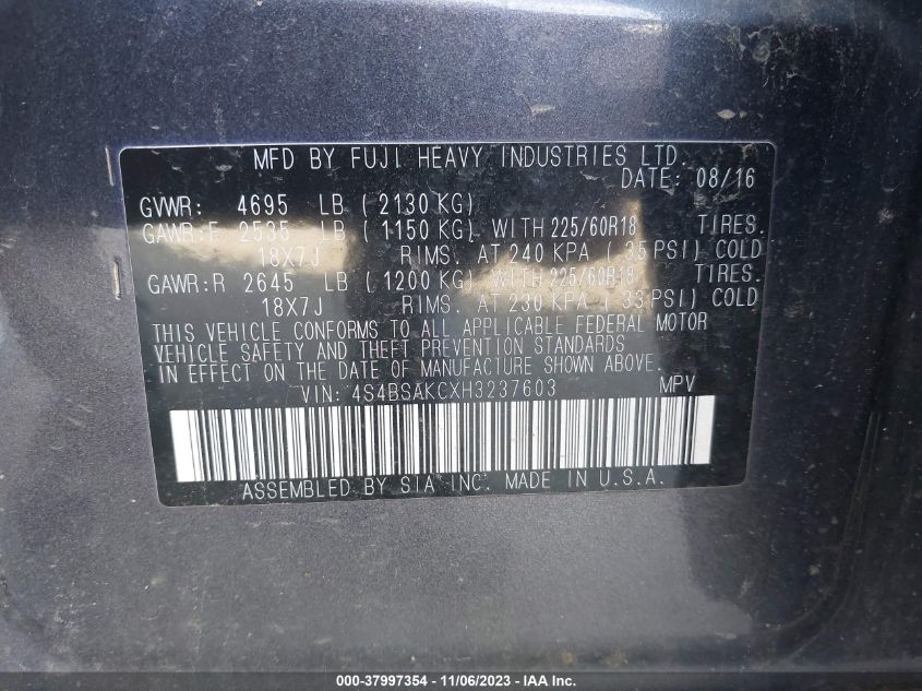 2017 SUBARU OUTBACK LIMITED - 4S4BSAKCXH3237603